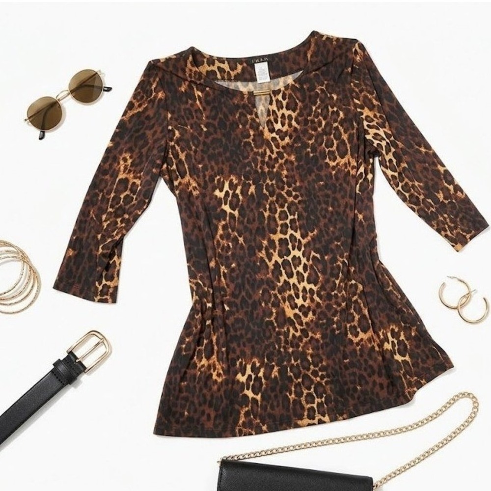 IMAN Leopard Print Top Large 3/4 Sleeve Keyhole Neck Tunic Shirt Animal‎ Cheetah
